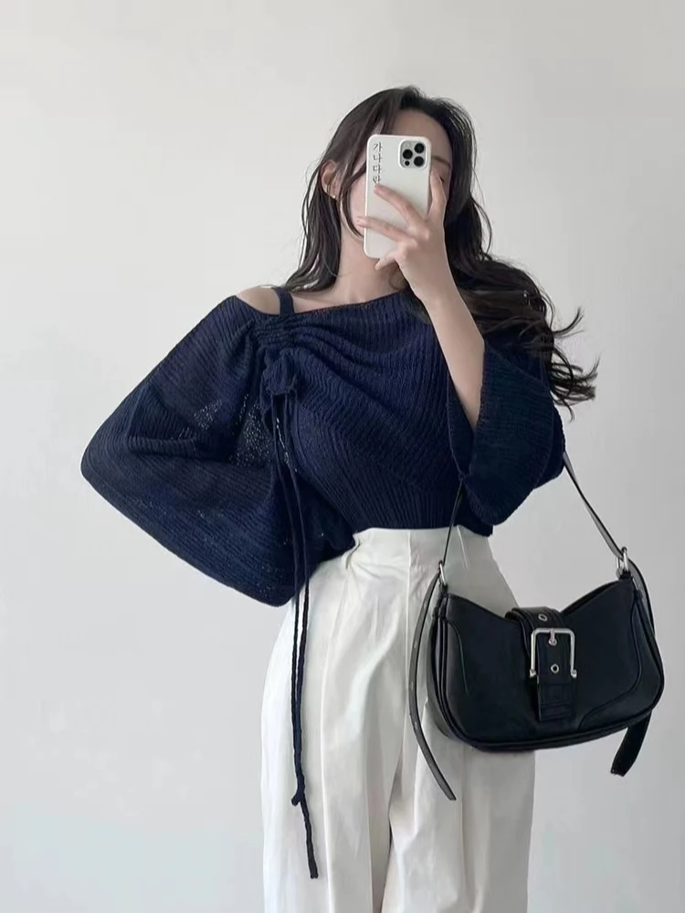 Chic Knitted Tank Top with Drawstring Inner Wear Two-Piece Set Versatile Slim Fit Korean Style Commute Fashion Women's Clothing