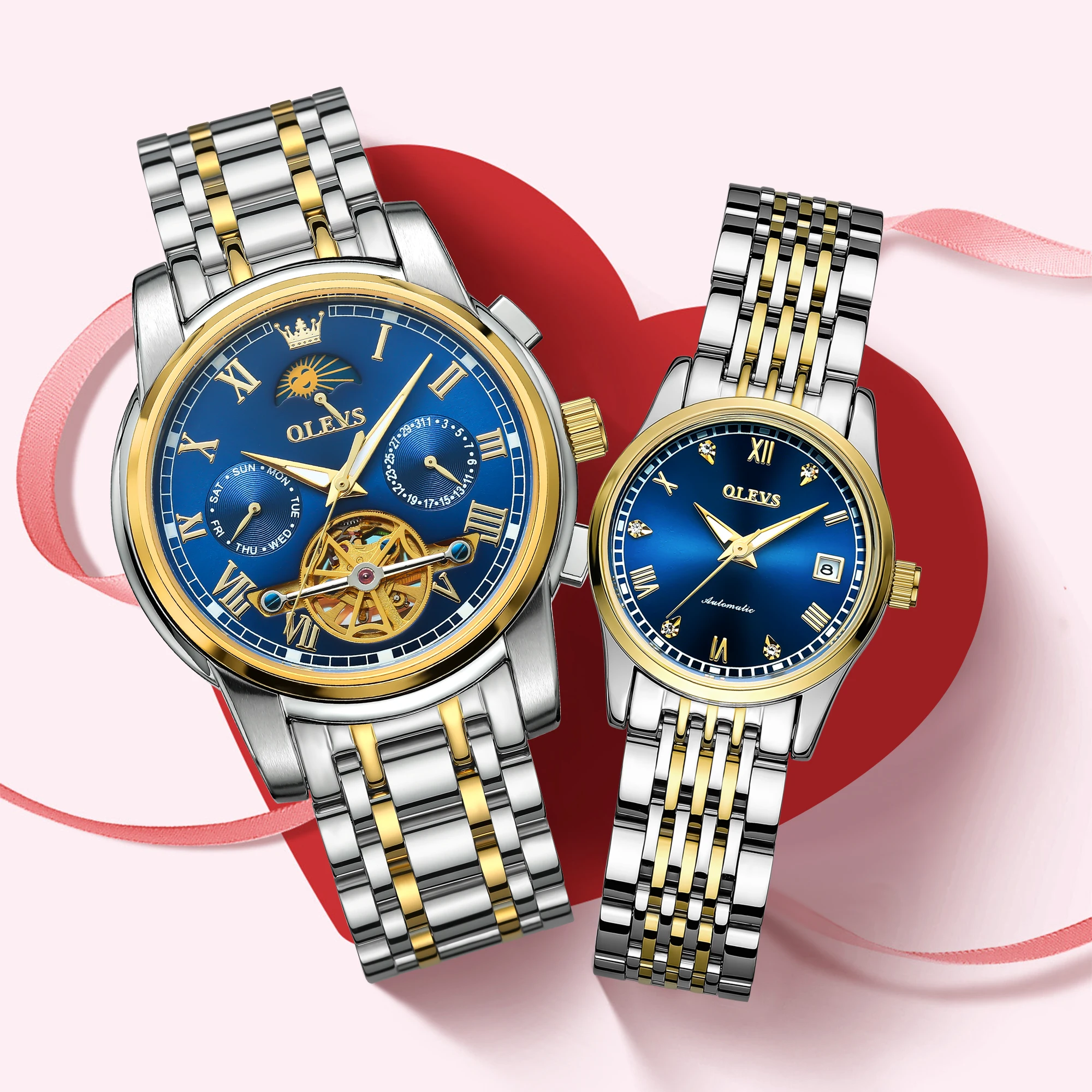 

OLEVS автоматические механические наручные часы для пар из нержавеющей стали, водонепроницаемые светящиеся оригинальные роскошные деловые часы для мужчин и женщин