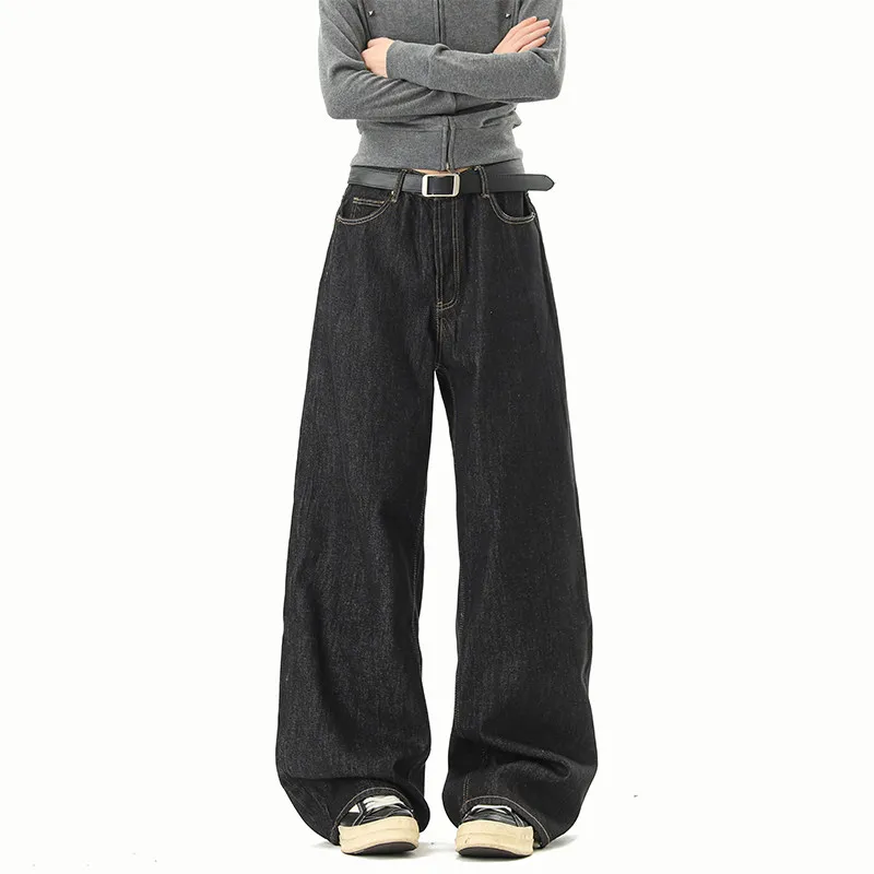 Men's Denim Pants Solid Color Pockets American Style Simple Trousers All-match Wide Leg Loose Casual Male Jeans Tide