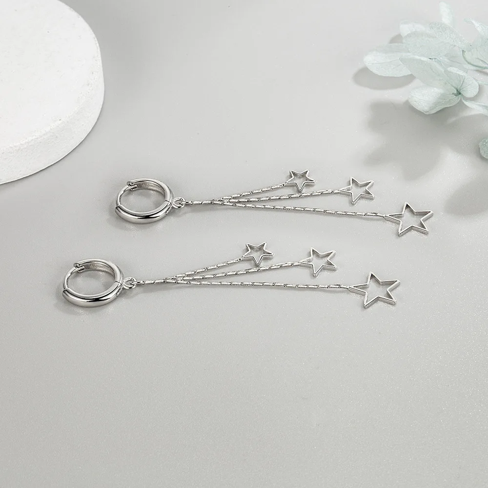 925 Sterling Silver Earrings Long Three Star Earrings Ladies Fashion Simple Birthday Party Wedding Anniversary Jewelry Gift