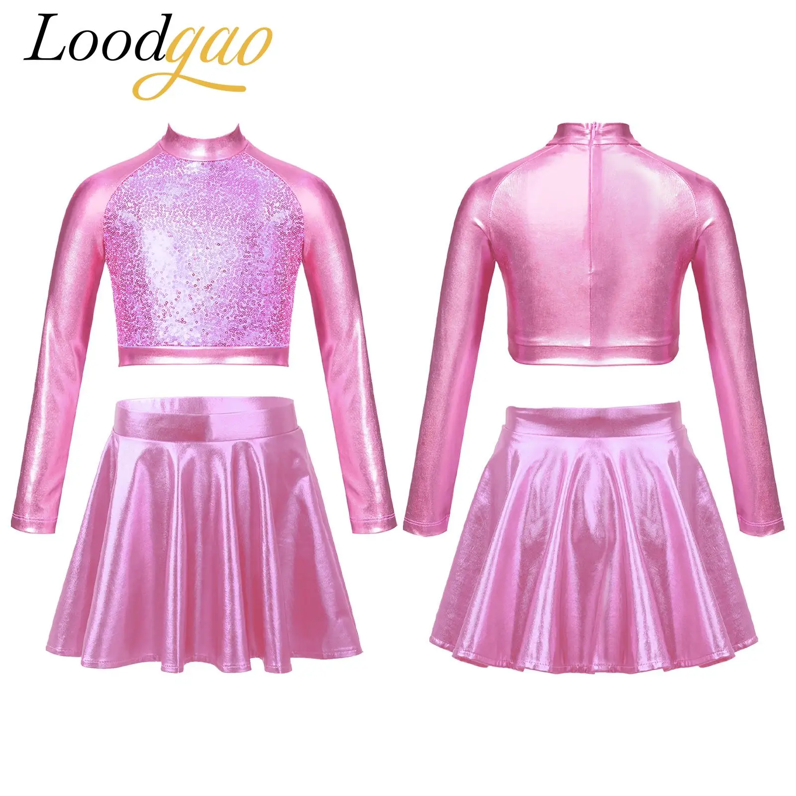 

Teens Long Sleeve Sequins Sets Children Performance Dancewear Girls Hip Clothes Outfit Kids Shiny Metallic Jazz Dance Costumes