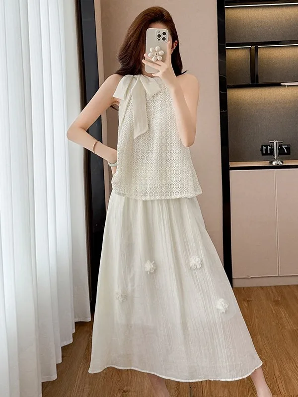 

Summer New Chic High Waist Vest And Skirt Set Women's Fashion High Neck No Sleeve Anti-Wrinkle Knot Holiday Style
