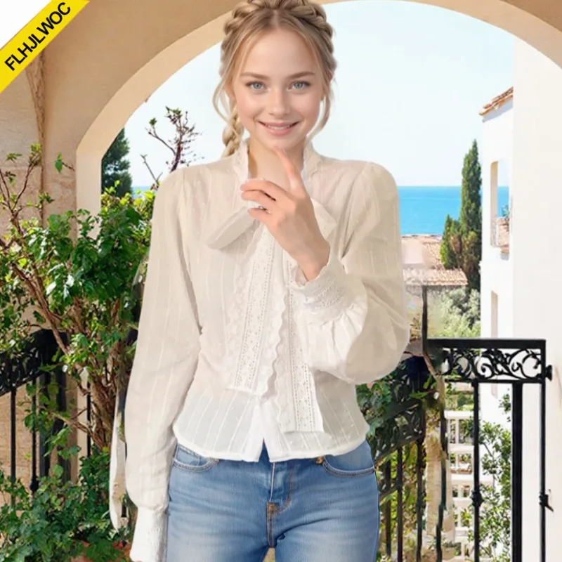 

Retro Vintage Lace Bow Tie Tops Cute Girls Spring Autumn Basic Wear Elegant Formal Single Breasted Button Solid White Shirts