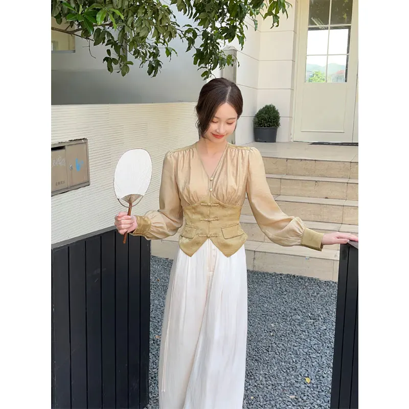 

Новый китайский комплект для женщин: осенний повседневный костюм из двух предметов в стиле «Нежный ветер», традиционный этнический наряд