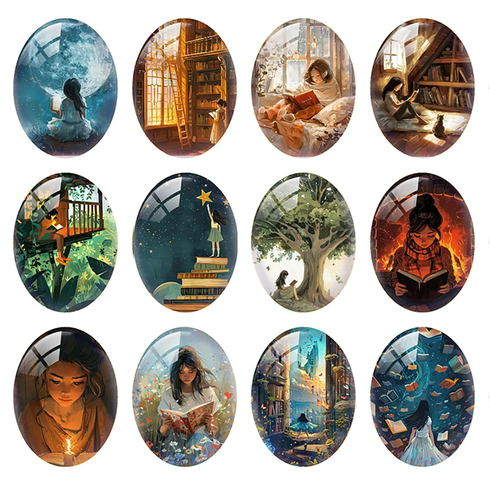 

Random Mixed Round/Oval/Square Love To Read Book Girl Photo Glass Cabochon Flatback Demo Cameo For Diy Jewelry Making Handmade