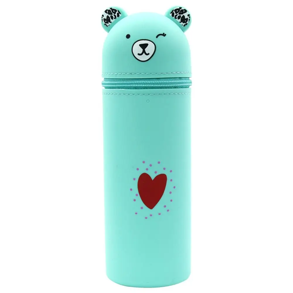 Silicone Cartoon Bear Pencil Case Retractable Big Capacity Pencil Pouch Stand Up Soft Stationery Box Student
