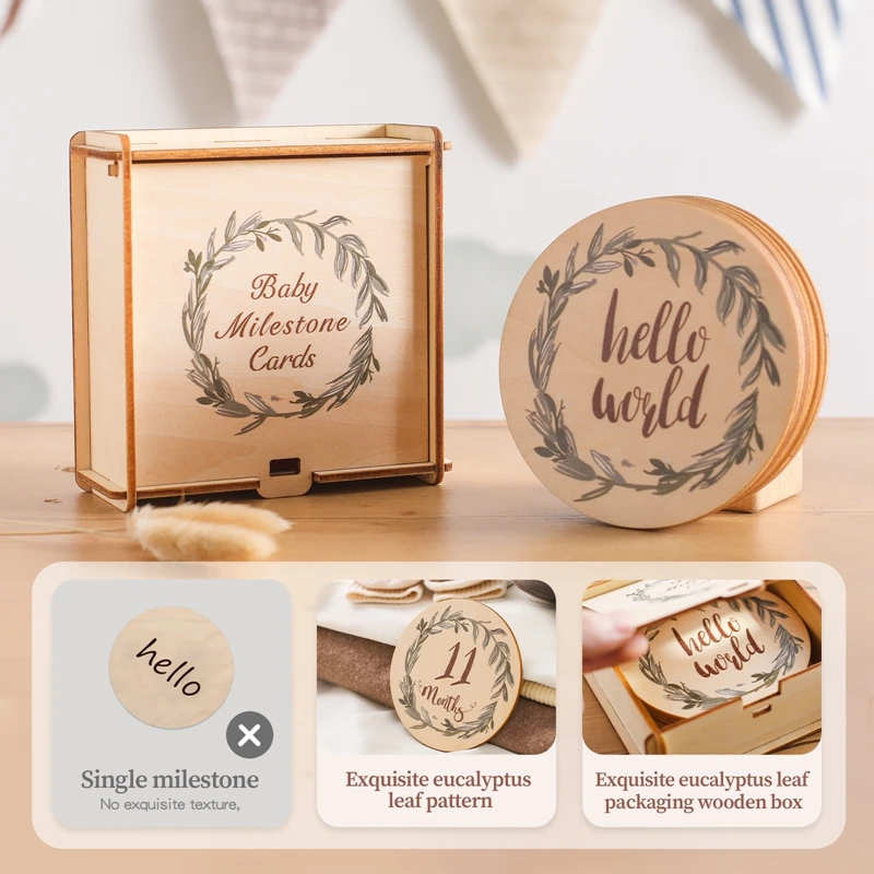 8Pcs Wooden Baby Milestone Cards Number Monthly Memorial Cards Wooden Engraved Age Photography Accessories Baby Birthing Gift