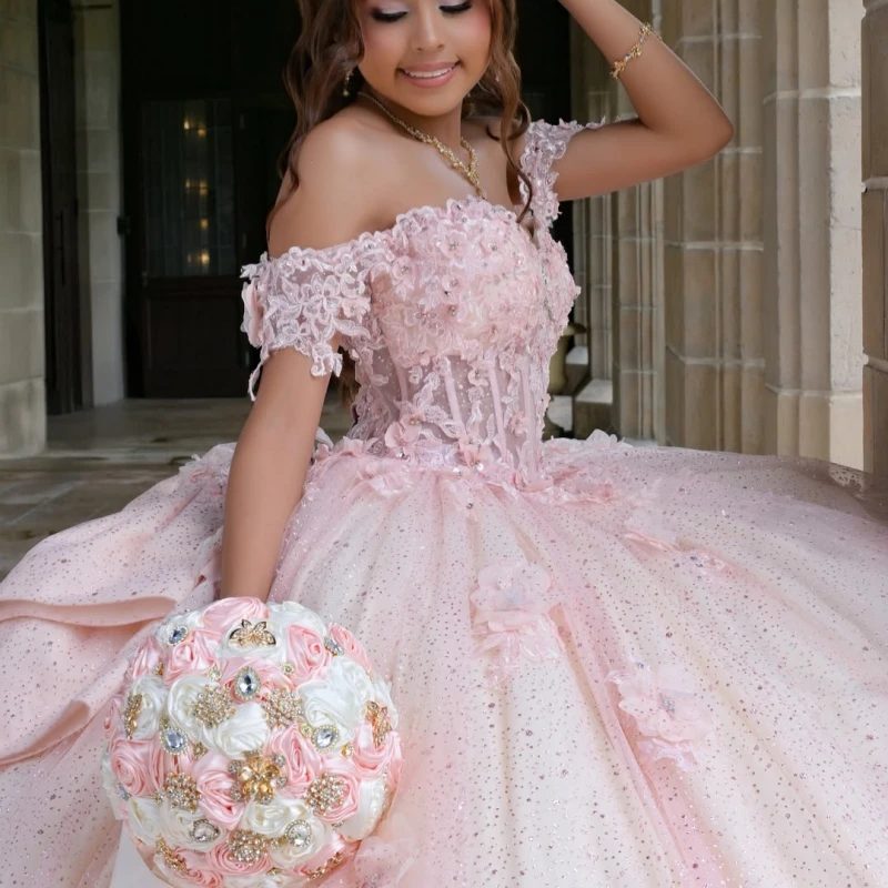 Pink Glitter Quinceanera Dresses Off Shoulder Ball Gown Sweet 16 Dress Applique Lace Bow Beads Tull Party Birthday Vestidos 15