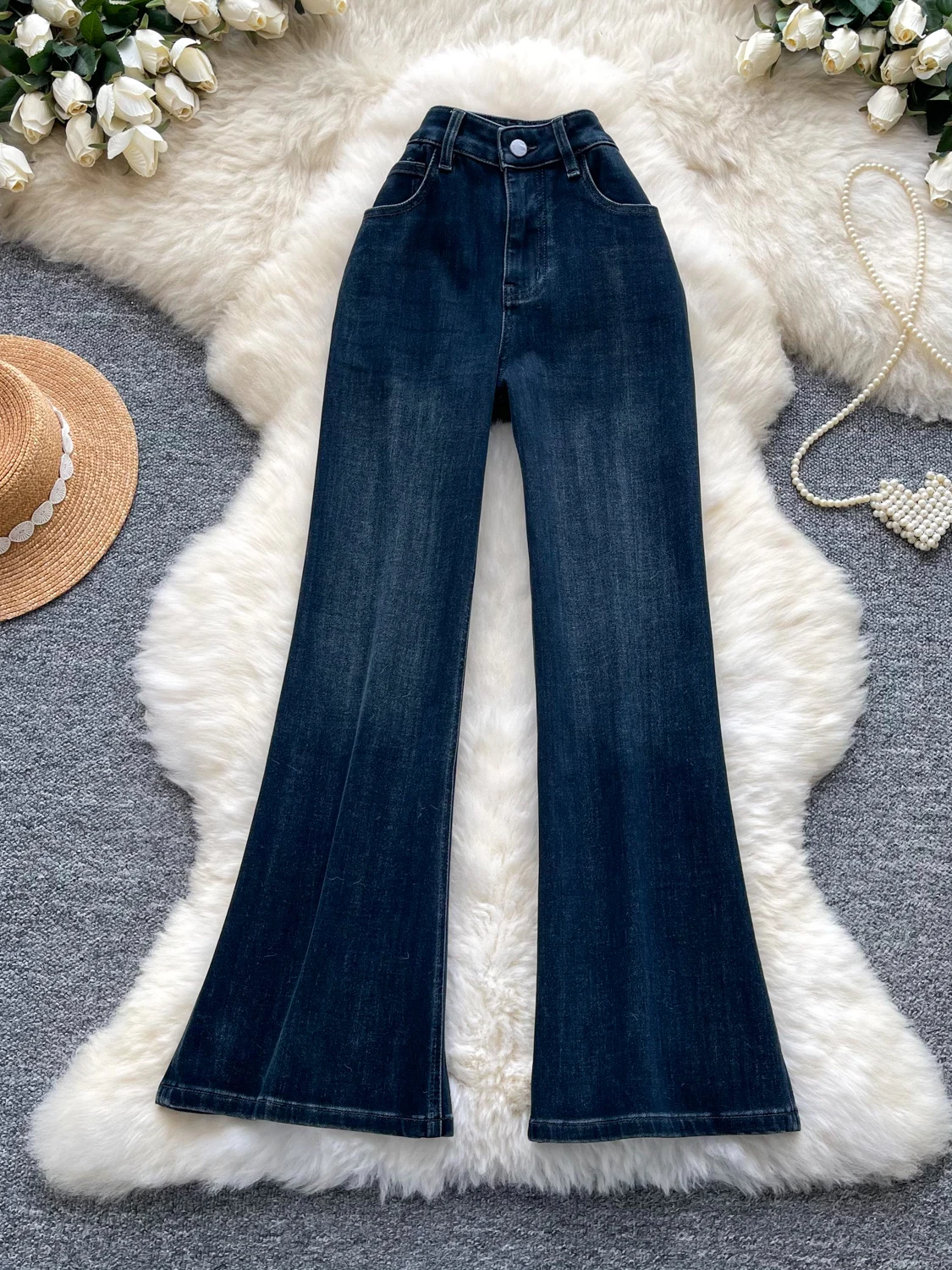 American Retro High Waist Bell Bottom Jeans Women's Casual Slimming Long Pants Autumn New Style Vintage Faded Denim Skinnies