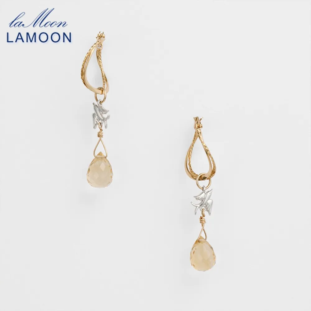 

LAMOON Natrual Gemstone Citrine Drop Earrings Charms For Women 925 Sterling Silver Bird Hoop Earing Fine Jewelry Accessories