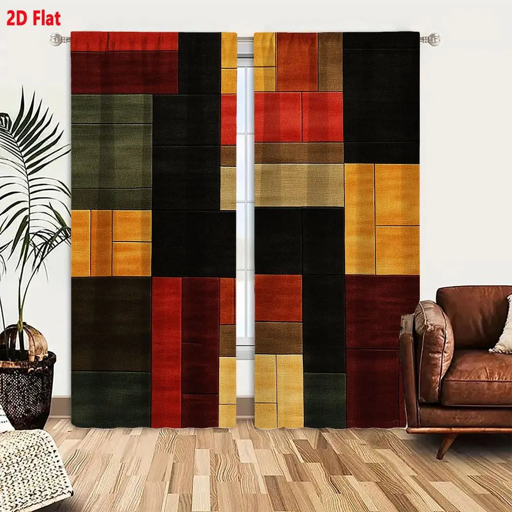 2Pcs Curtains 2D Flat Abstract Geometric Composition With Earthy Tones And Wood Grain Texture Window Drapes for Bedroom Room Dec