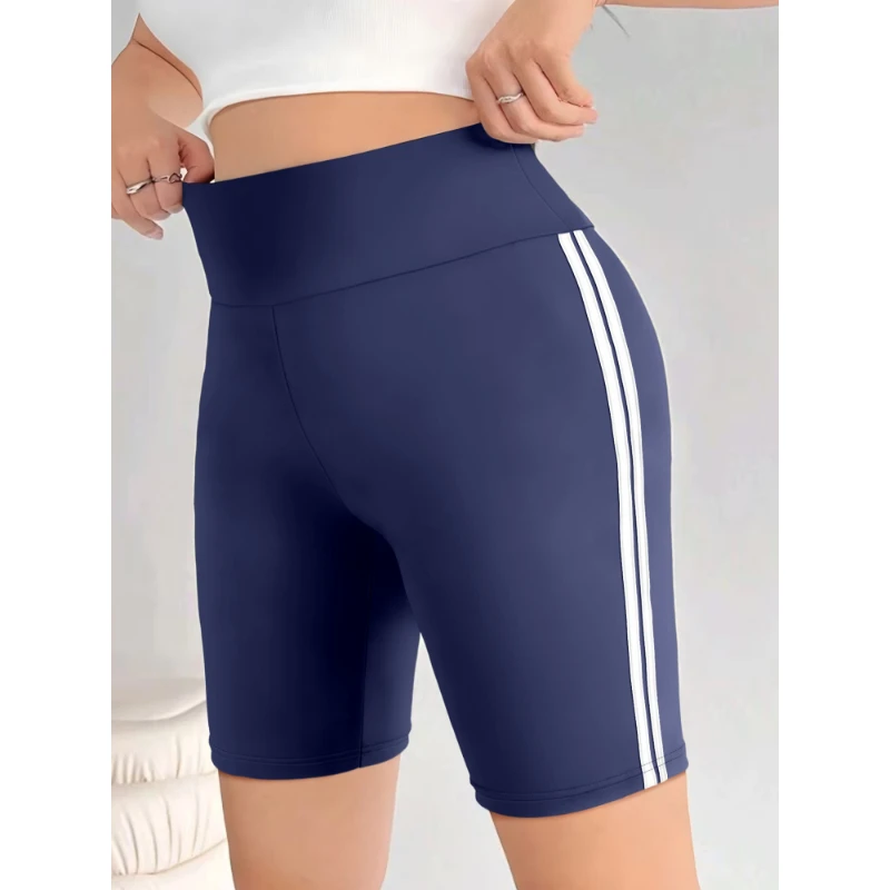 Female Shorts Daily Sports Fitness Solid Colour Shorts Patchwork Side Stripe Design Casual Knit Women's Five Shorts