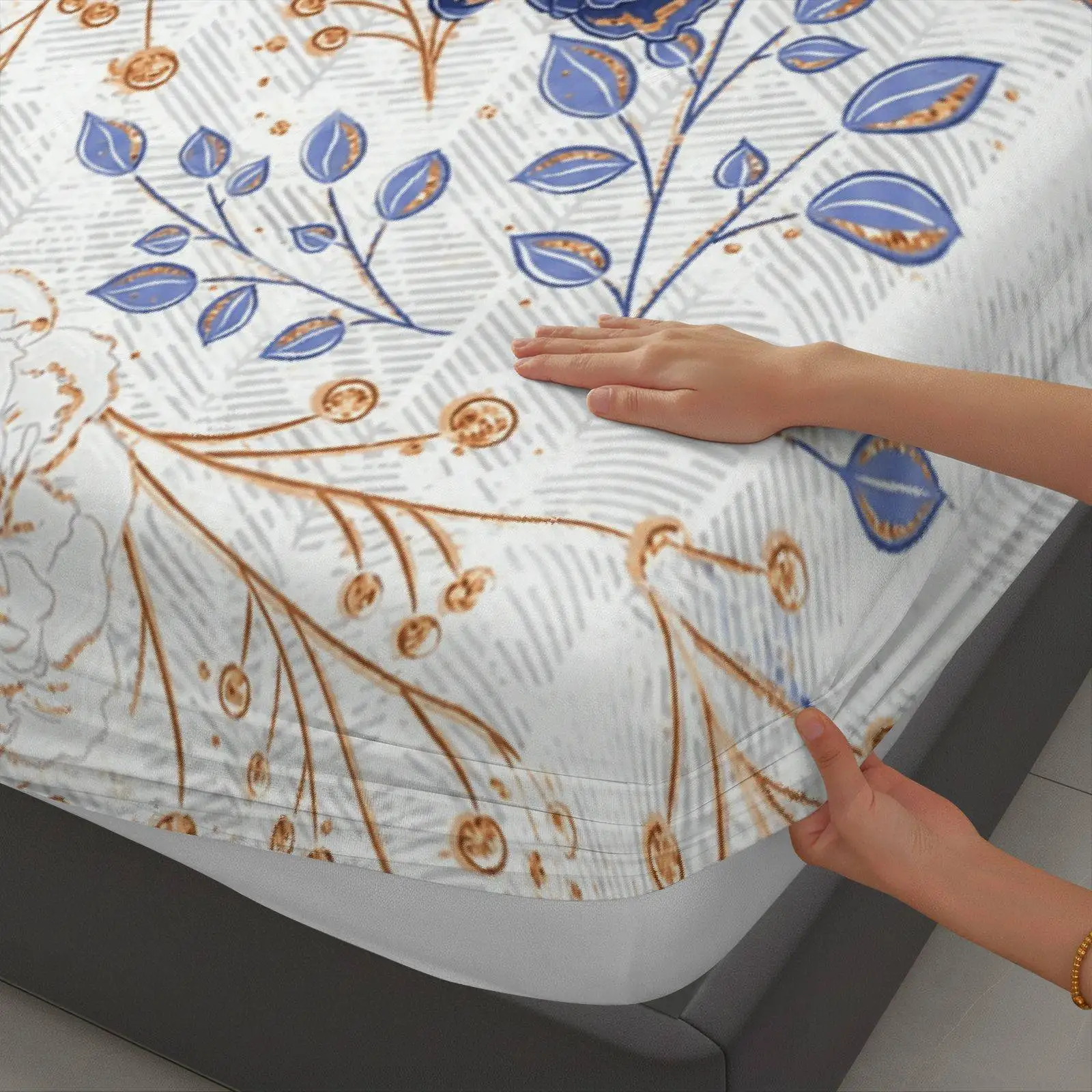 Three-Piece Blue Floral Fitted Sheet Set Bed Sheets Full Set Printed Fitted Sheet Mattress Protector Breathable Polyester Material (Includes 1 Fitted Sheet + 2 Pillowcases) Mattress Protector Fitted Sheet Style Protective Cover Mattress Protector Fitted Sheet Style Bedding Christmas Themed Bedding Baby Bedding Suitable for Nursery Room