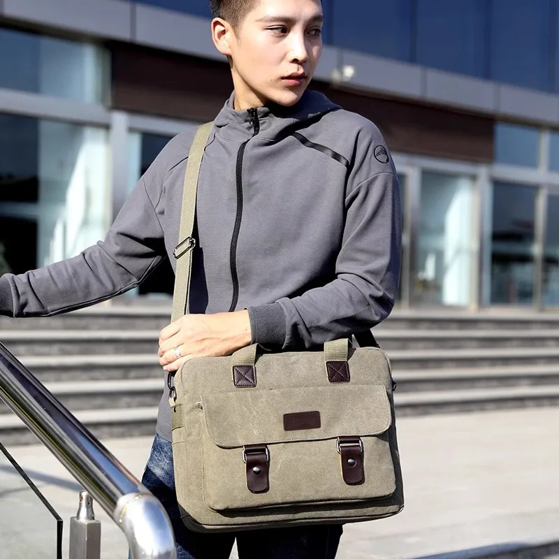 Men'S Canvas Briefcase Designer Lawyer Document Work Business Large Capacity Satchel Tote Handbag Shoulder 14 Inch Laptop Bag