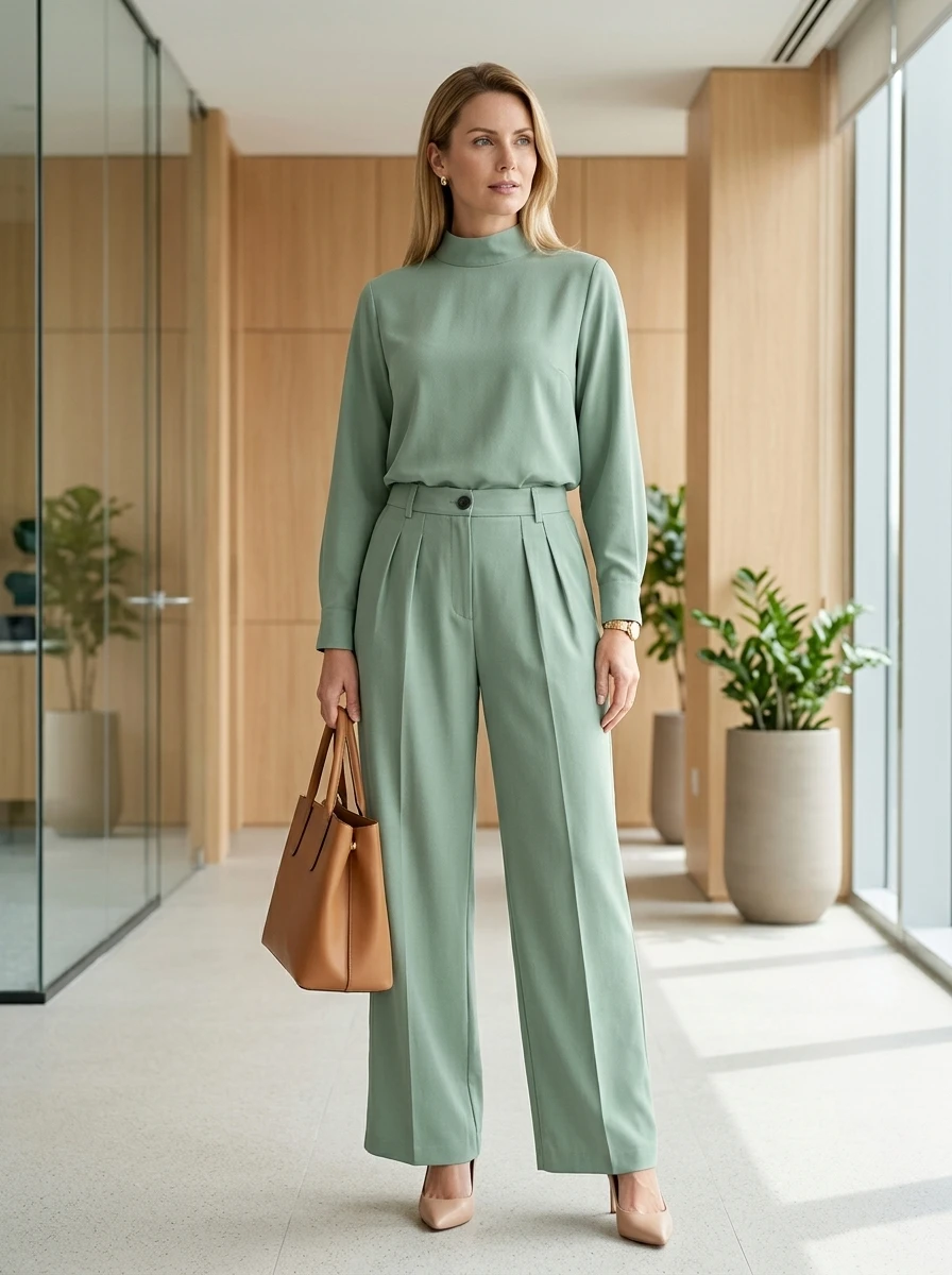 

Yeezzi 2026 New Women's 2 Piece Outfit Solid Color High Neck Long Sleeves Tops & Casual Pleated High Waisted Wide Leg Pants Sets