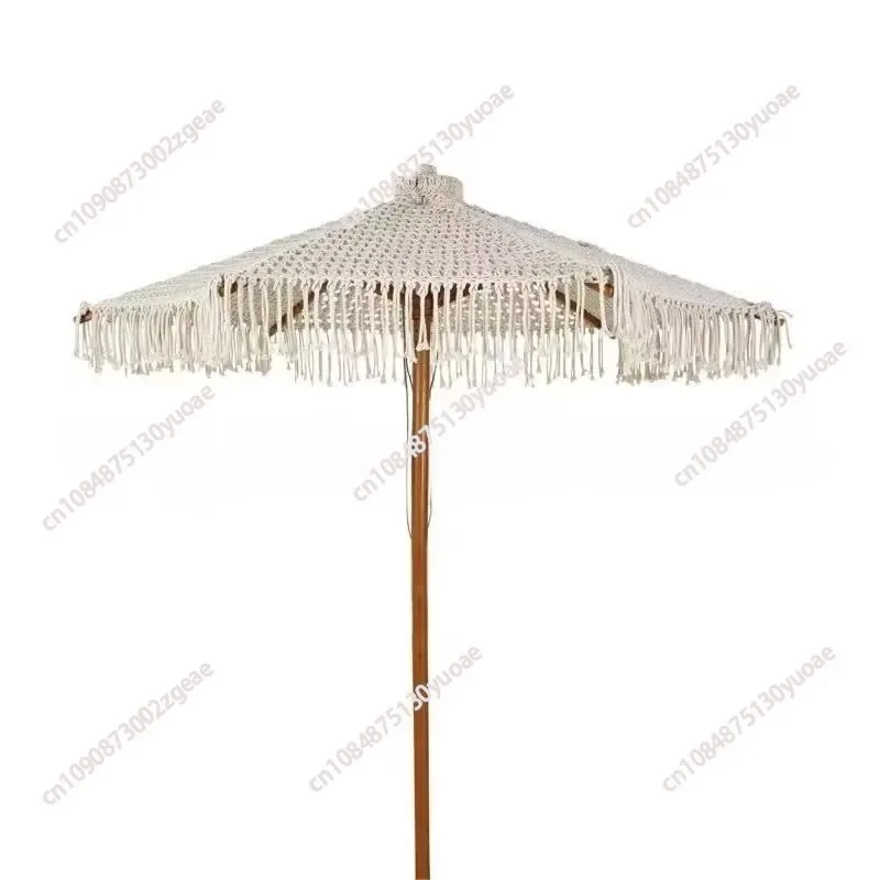 Bohemia Cotton Rope Parasols, Wooden Pole, Handmade Tassels, Woven Canopy Beach Umbrella with Macrame Fringe