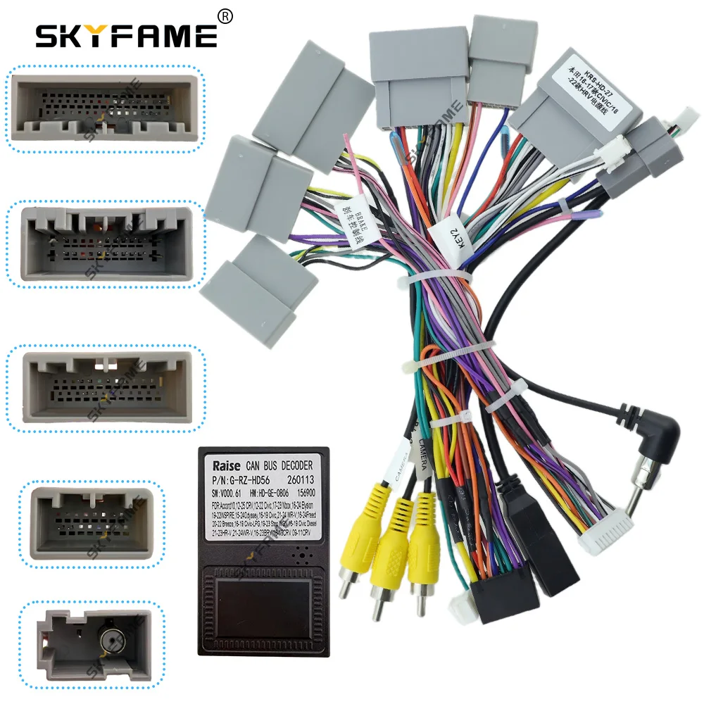 SKYFAME Car 16pin Wiring Harness Adapter Canbus Box Decoder Android Radio Power Cable For Honda HRV CIVIC G-RZ-HD56