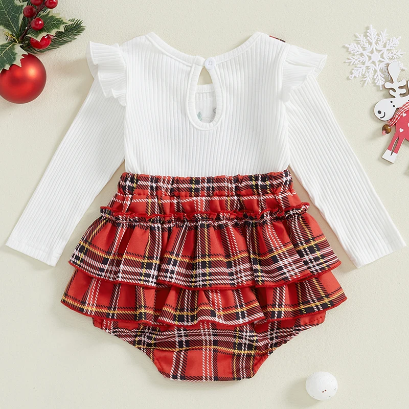 Baby Girls Christmas Romper Dress Reindeer Embroidered Plaid Ruffled Trim Ribbed Long Sleeve Jumpsuits