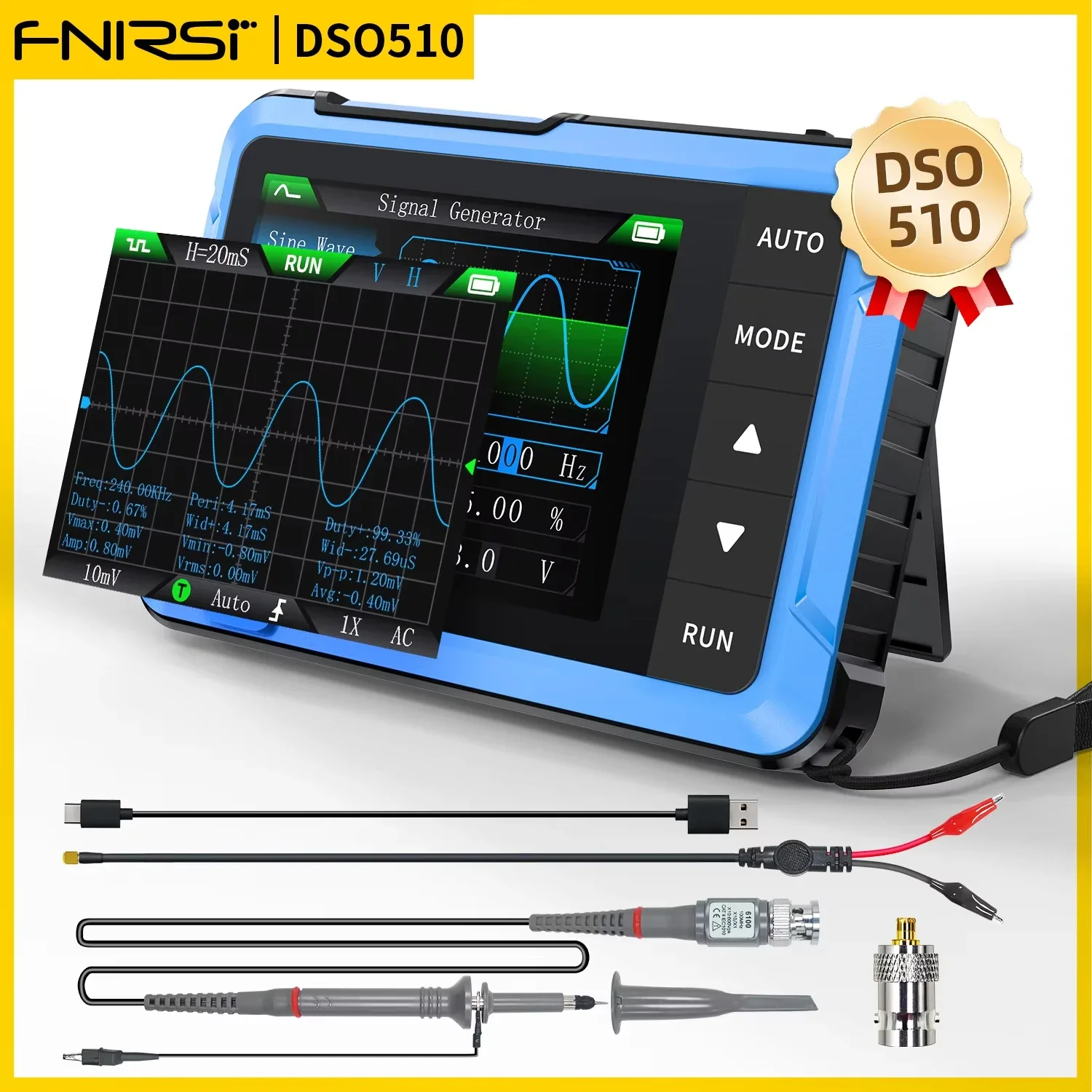 FNIRSI DSO510 2 IN 1 Oscilloscope Signal Generator Portable Digital 48MS/s Sampling Rate 10MHz Bandwidth Electronic Repair Tool