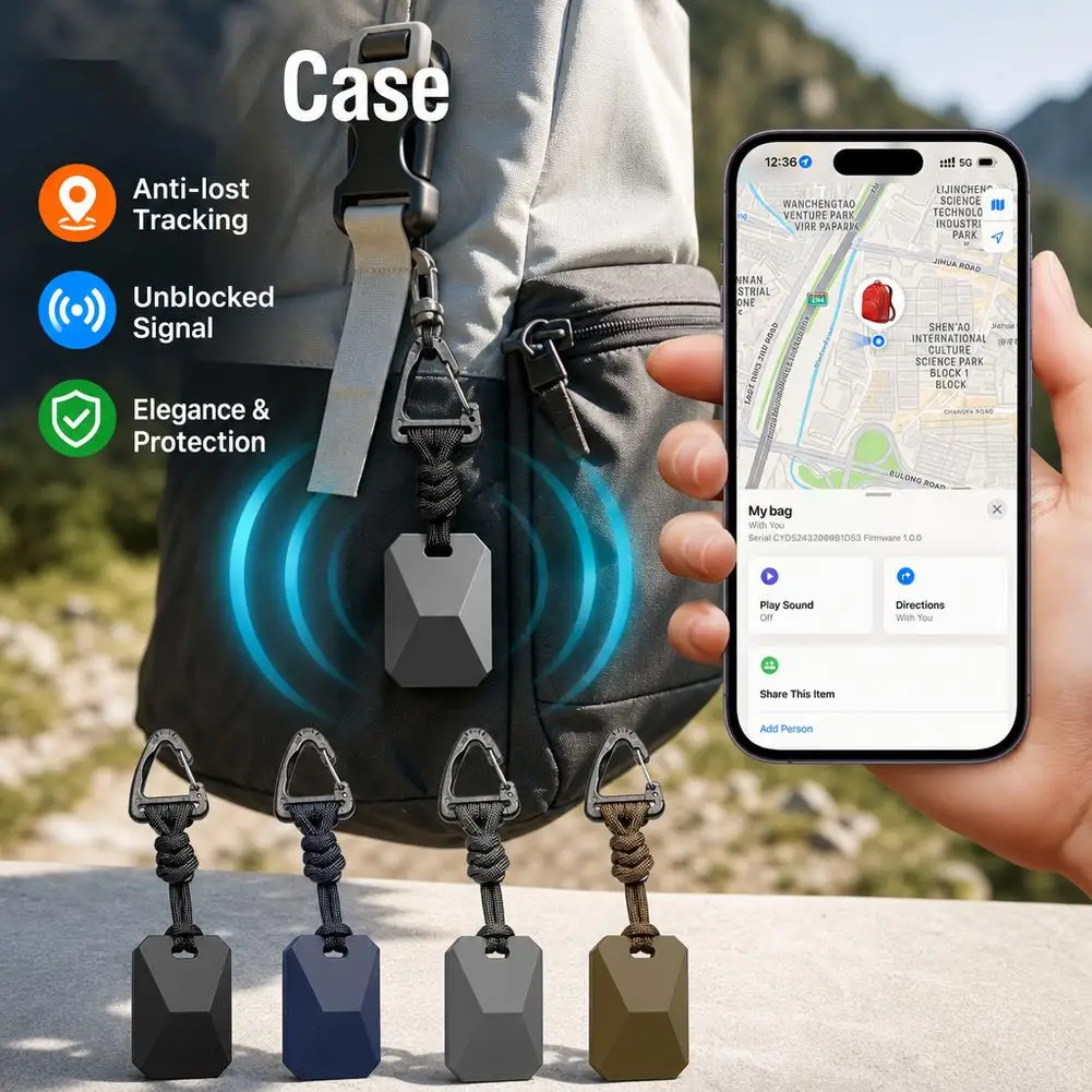 Rugged for AirTag Protective Case Cyber Armor Style Silicone Holder Sleeve with Heavy Duty Paracord Carabiner Clip for Keys Bag
