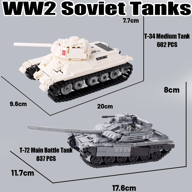 WW2 Military Soviet Tanks Building Blocks T-72 Main Battle Tank T-34 Medium Tank Army Infantry Cannon Gun Weapons Bricks Toy Boy