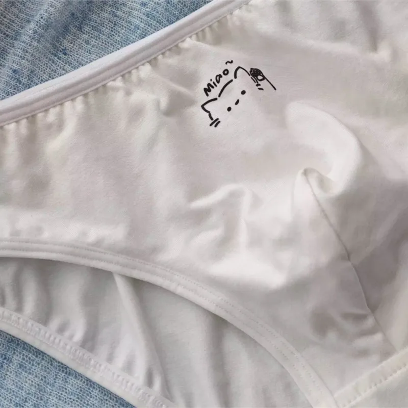Men's Underwear White Mid Low Waist Cute Cartoon Plus Size Breathable Male Briefs Pure Cotton Crotch Comfortable Soft Panties