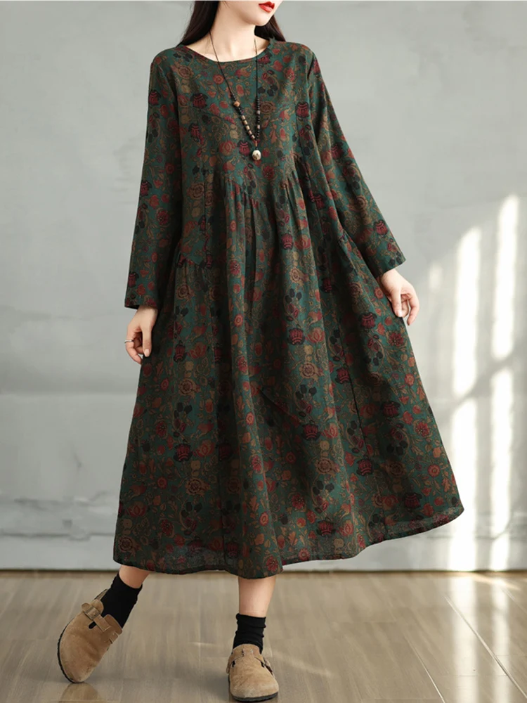 Cotton Vintage Print Floral Dresses 2026 Women Casual Loose Long Sleeve Dress Femme Robe Vestidos Elegant Spring Autumn Clothing