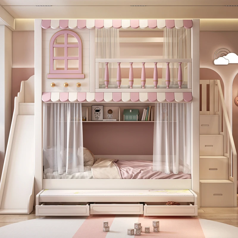 Pink children's bed girl up and down bunk bed small apartment