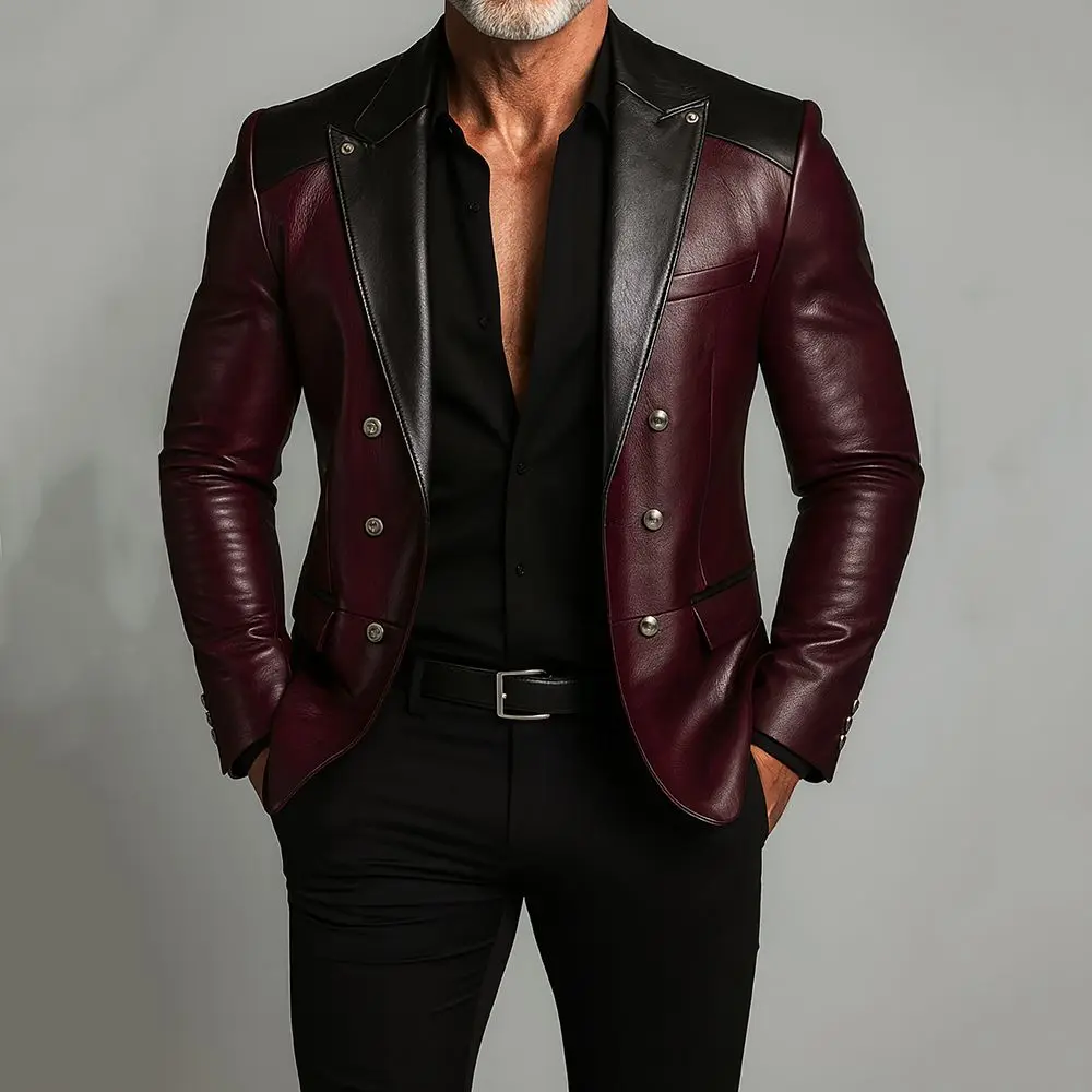 

Men's Vintage Faux Leather Suit Blazer Slim Fit Business PU Leather Jacket Double-Breasted Pointed Collar Elegant Male Blazers