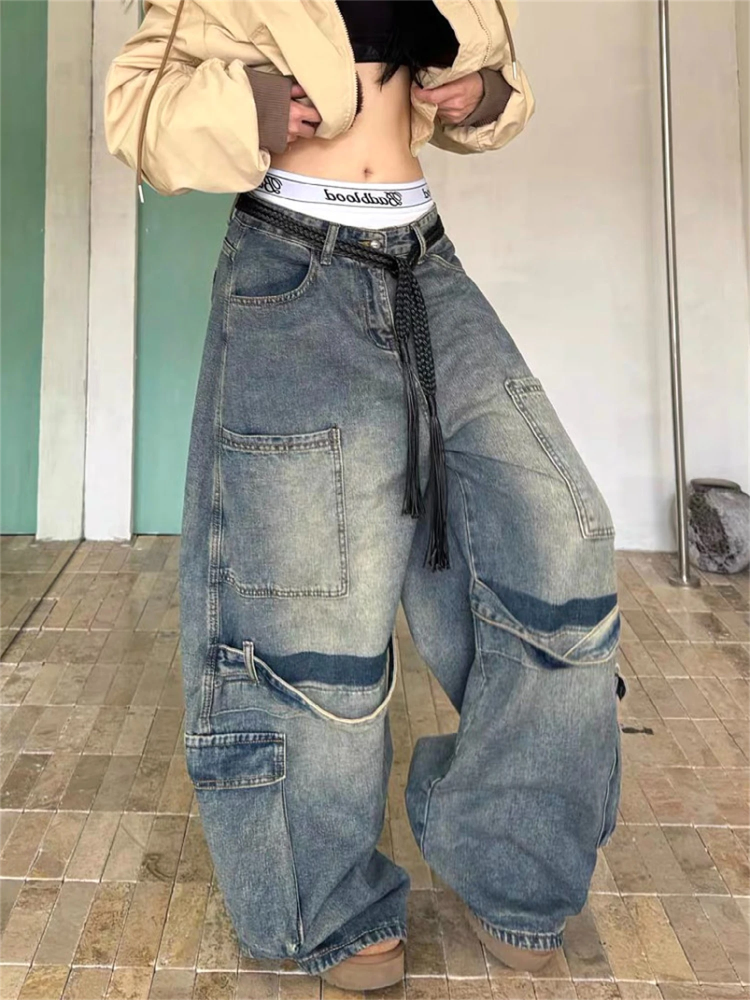 

Women's Gradient Wash Oversized Wide Leg Denim Jeans Multi Cargo Pockets Patchwork Faded Baggy Vintage Streetwear Ladies Pants