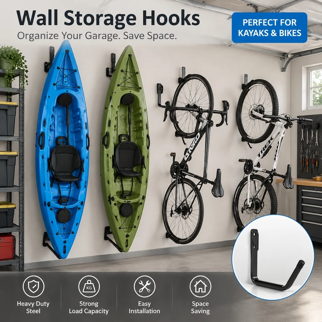 6Pcs Wall Storage J‑Hooks Kayak Canoe Wall Mount Rack Garage Organizer for Paddleboard Surfboard Snowboard Outdoor Gear Storage