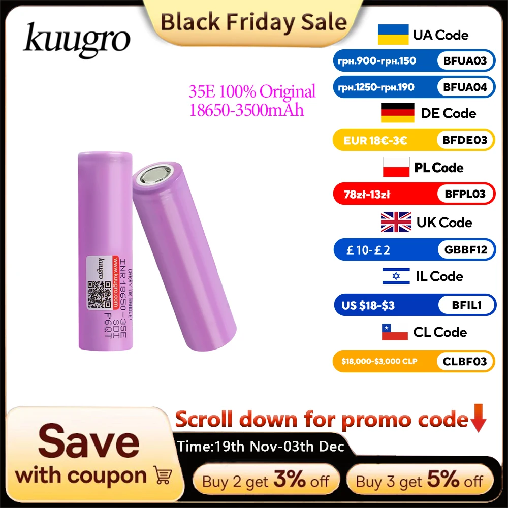 

18650 3500mAh 3.7V 100% Genuine INR18650-35E Rechargeable Lithium Battery Continuous Discharge 10A Parallel Series Combination