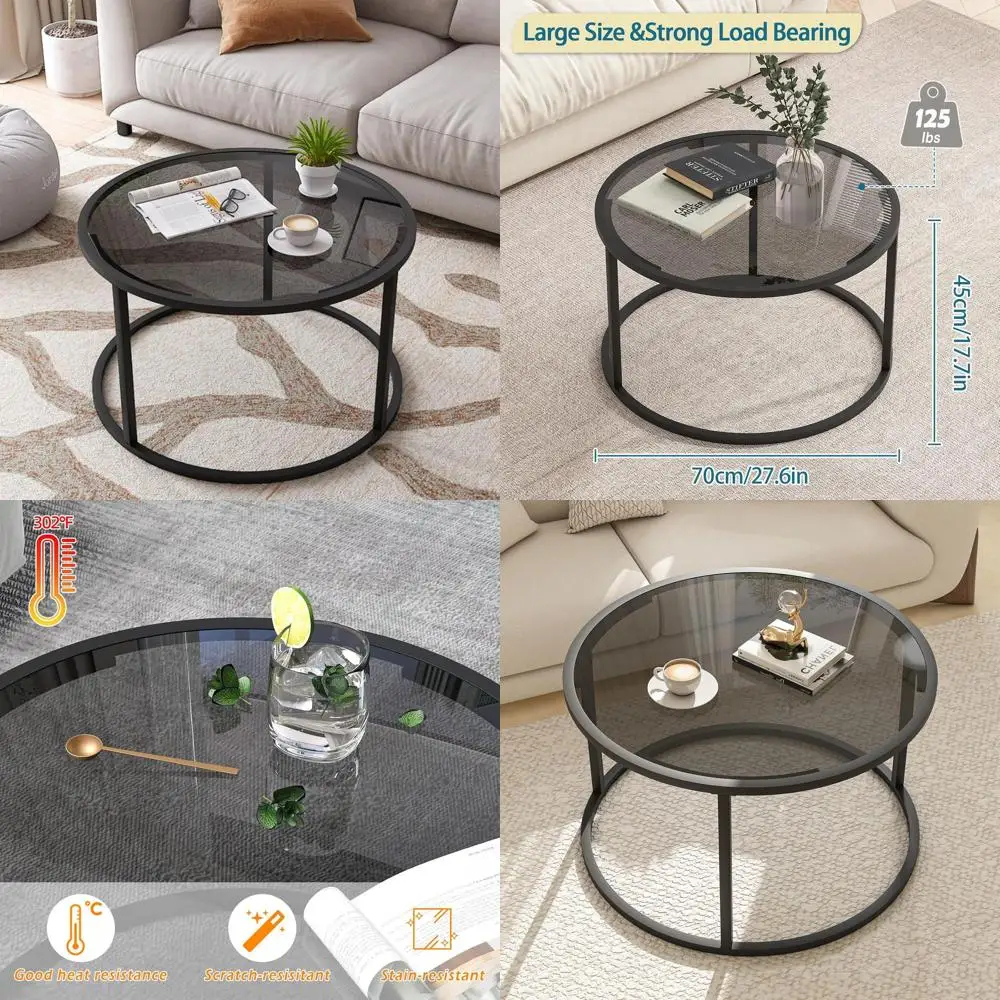 

Modern Round Glass Coffee Table, Minimalist Design for Living Room, Bedroom, or Office, Tempered Glass Top, Metal Frame, 27 x 27