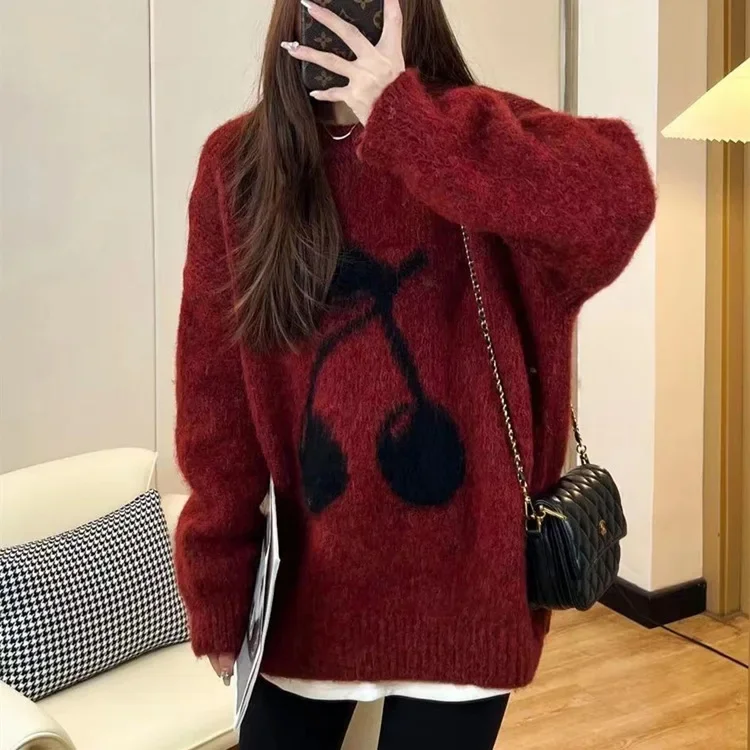 Gaganight Women Lazy Style O neck Letter Cherry Sweater Autumn Winter 2024 New Loose Fitting Pullover Female Soft Sticky Needle