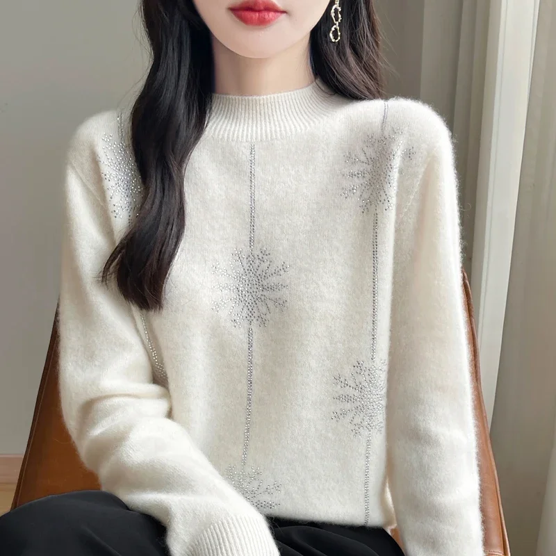 Diamond 100% Wool Sweater 2025 New Women's Fashion Autumn/Winter Warm Hoodie Elegant Half High Collar Jumper Knitted Top