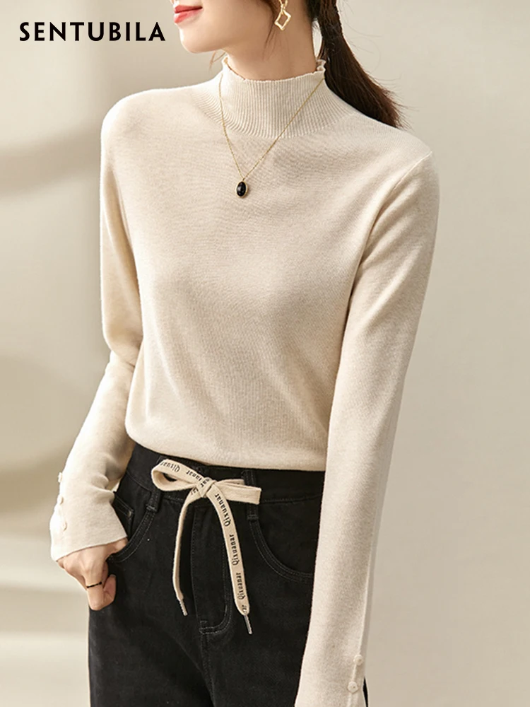 SENTUBILA Bottoming Sweaters for Women Casual Soft Mock Neck Long Sleeve Knitwear Top 2024 Spring Female Solid Jumpers W23H44085