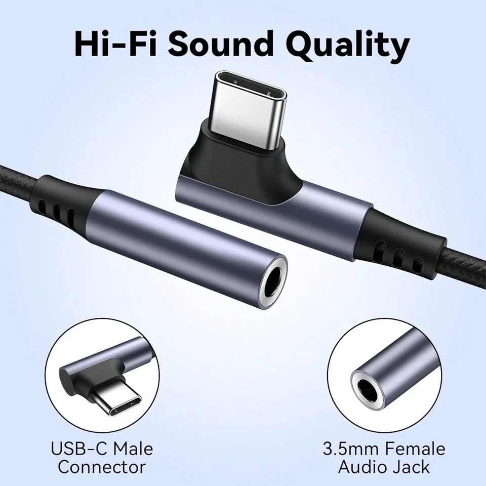 1PC Braided Right Angle USB C To 3.5mm Headphone Jack Audio Aux Cable L Shape HiFi Converter Cord For iPhone 15 16 17 Pro Max