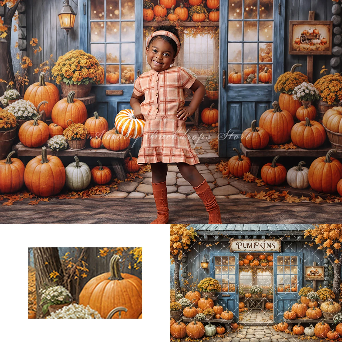 

Фон для фотосъемки с изображением синей тыквы деревянного дома сарая торта разбитого взрослого семейного декора для детской осенней студийной фотосъемки