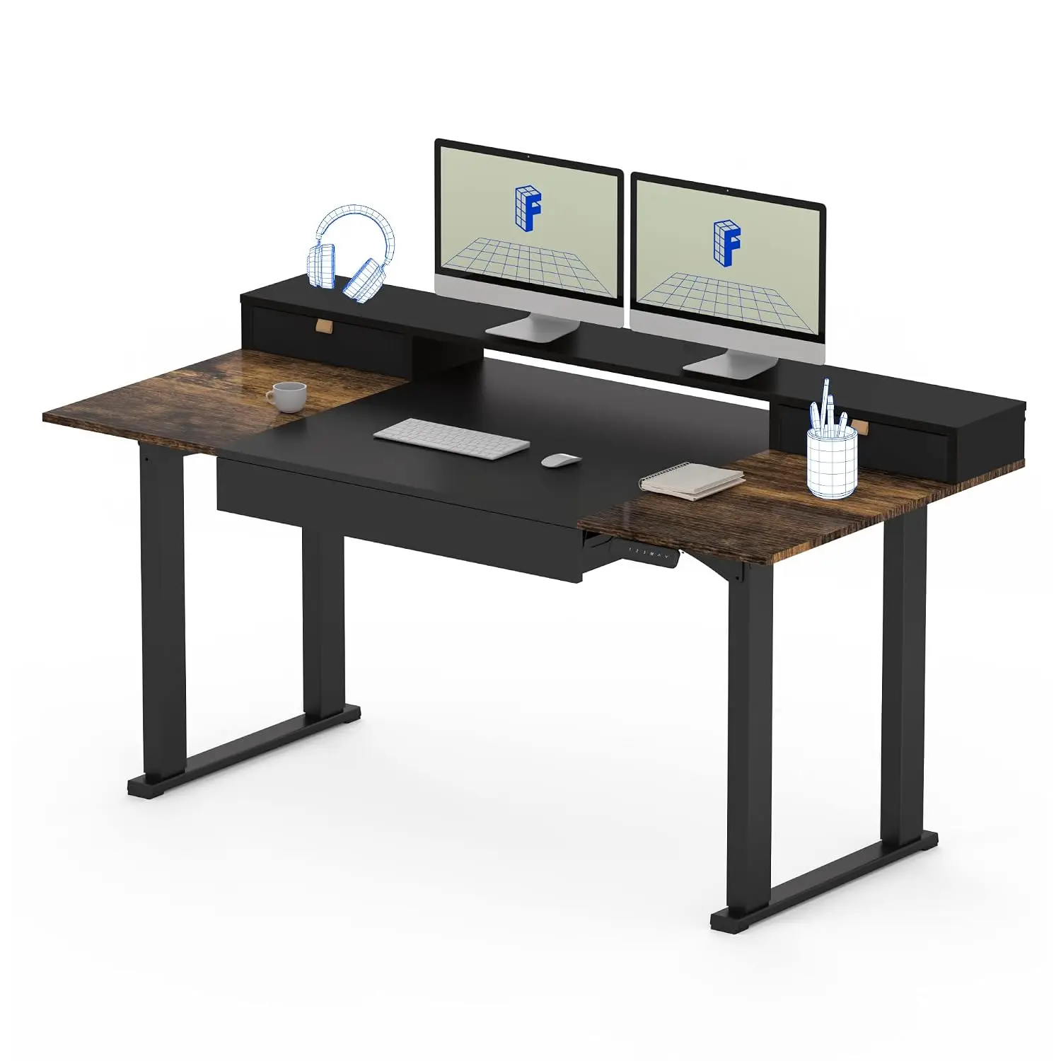 4-Leg Electric Standing Desk with 3 Drawers & Shelves, 63