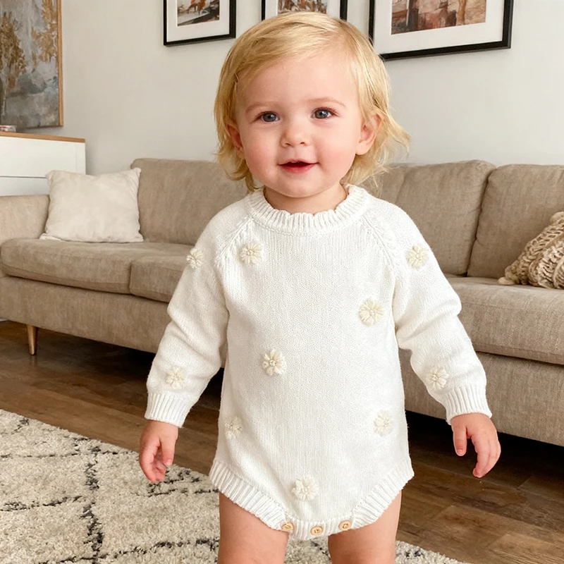 

0-2Yrs Baby Girl Knitted Romper Hook Floral Ruffled Collar Long Sleeve Spring Autumn Toddler Jumpsuit Girl Knitted Bodysuit