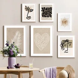 Abstract Boho Leaves Lines Face Heart Sun Wall Art Canvas Painting Nordic Posters and Prints Wall Pictures for Living Room Decor