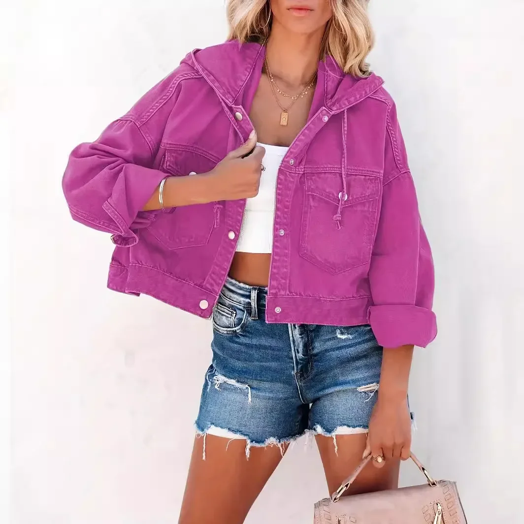 Giacca di jeans da donna Cappotto corto Tasche con cappuccio Cappotto lavato monopetto Giacche streetwear 2025 Capispalla vintage autunnale