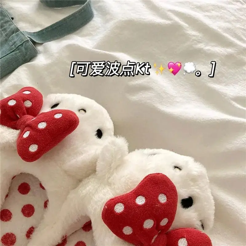 Kawaii Sanrio Hello Kitty Polka Dot Kt Cat Cute Ins Style Cartoon Slippers Red Bow Indoor Home Warm Fur Shoes Girlfriend Gifts