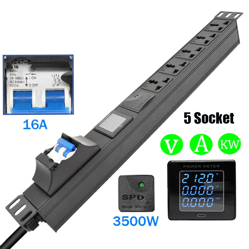 19inch Rack Mount PDU Power Socket 3500W Universal Outlets Network Cabinet Rack With Digital Meter Surge Protection