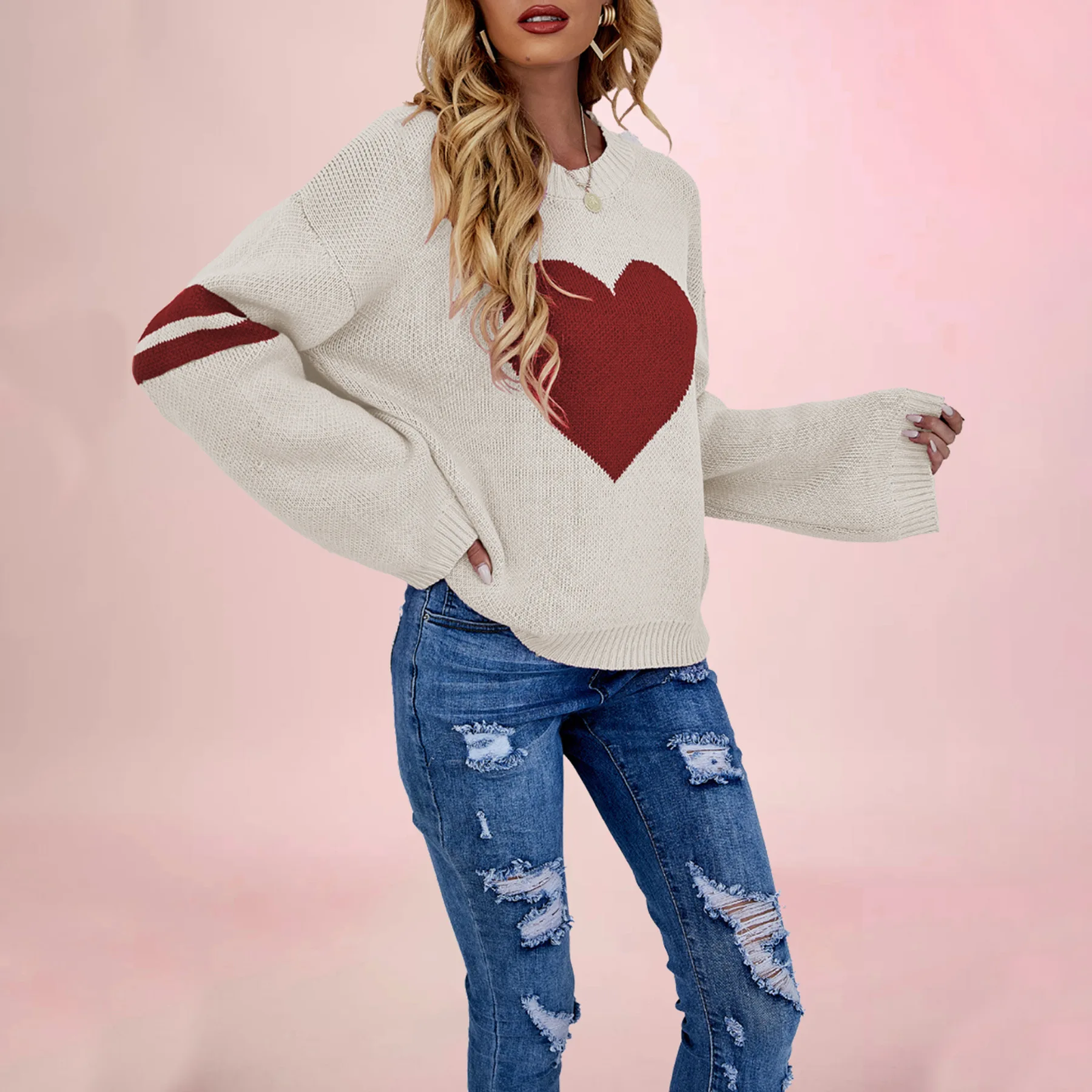 Women's Oversized Heart-shaped Pattern Round Neck Knitted Casual Warm Daily Pullover Soft Knitted Cute Autumn And Winter Top
