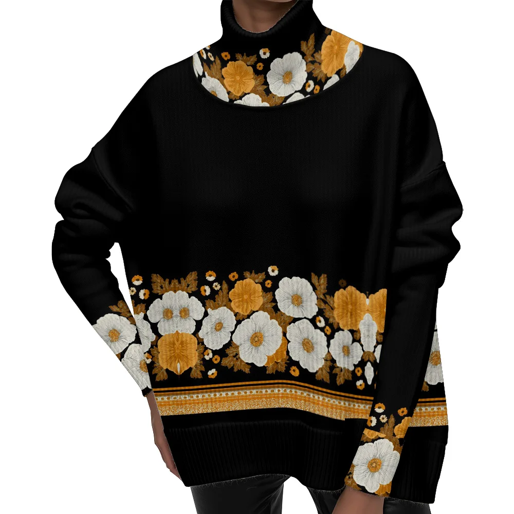 

Turtleneck Sweater with Asymmetrical Romantic Watercolor Floral Leaves Print Ribbed Neck Botanical Branches Design Casual Chic