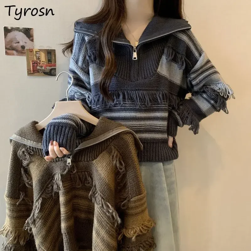 

Winter Knitted Pullovers Women Zip Lapel Loose Ulzzang Cozy Tassel Students Harajuku Vintage Design Striped Sweaters Aesthetic