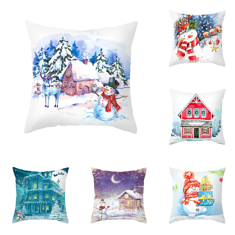 

Merry Christmas Watercolor Cartoon Snowman Pattern Cushion Cover Home Living Room Sofa Decoration Square Pillow