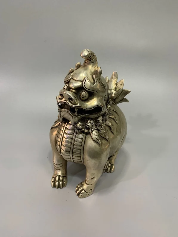 Old Bronze Gilded Silver Unicorn Statue Divine Beast Incense Burner Amass wealth Ornaments Town house Exorcism