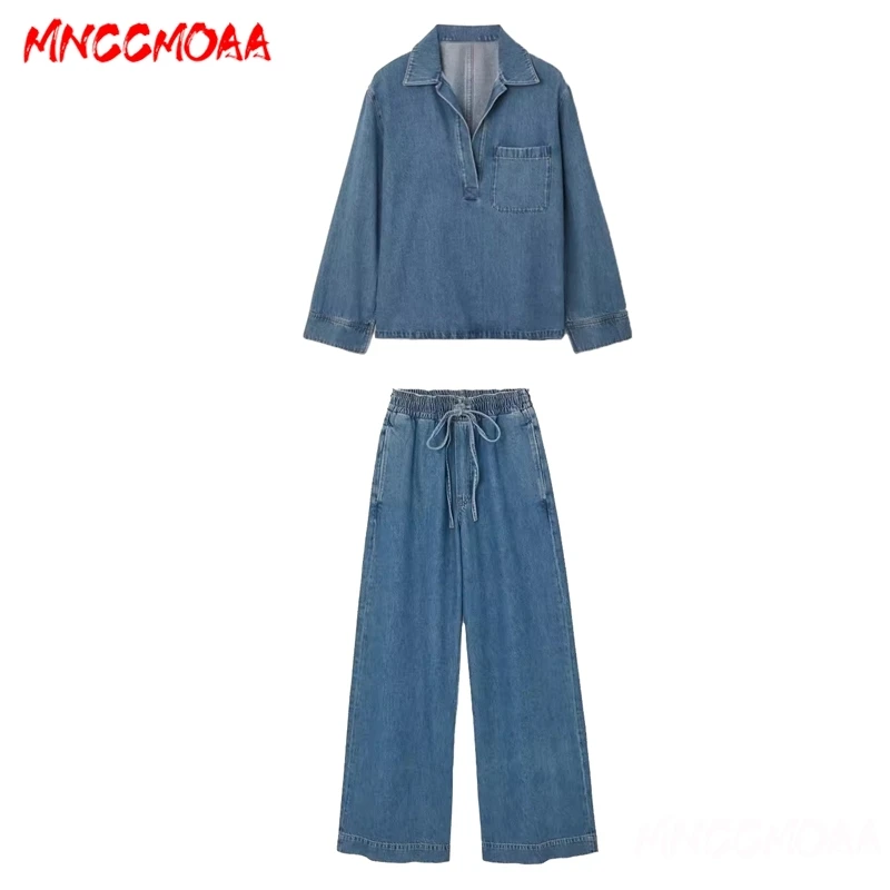 Women Sets 2024 New Autumn Fashion Female Long Sleeves Denim Shirt + Wide Leg Pants Suit Tow Piece Set